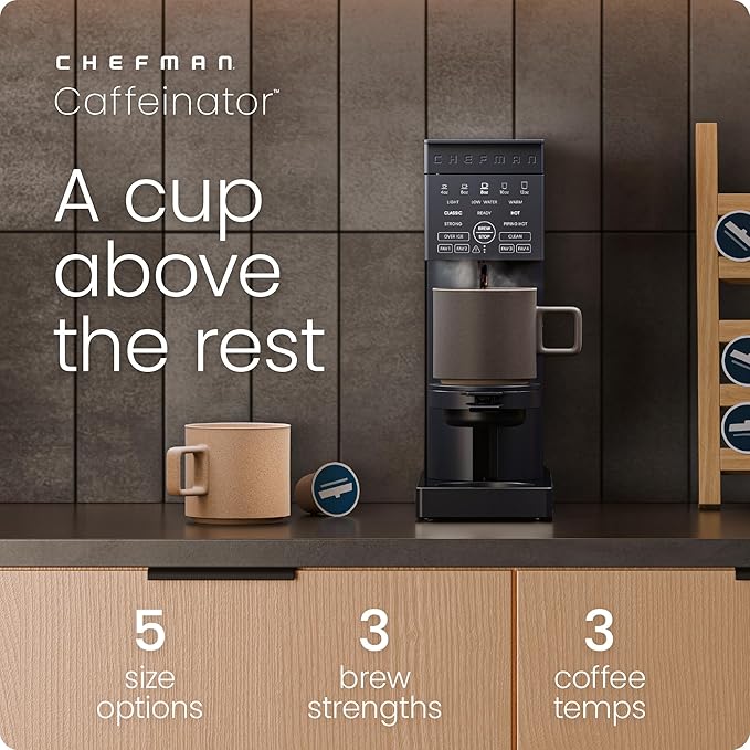 Chefman Caffeinator Single Serve Coffee Maker, Brew Kcups & Grounds, Drip Coffee Machine with Brew Strength Settings, Iced Coffee Function, 48 oz. Removable Water Reservoir - Includes 4 Filters