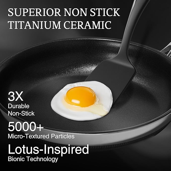 KITEXPERT Non Stick Frying Pans with Lid, 12" Titanium Ceramic Pan Nonstick Stainless Steel Skillet, PFAS PFOA & PTFE Free, Quick-Cool Handle, Dishwasher & Oven Safe, Compatible with All Cooktops