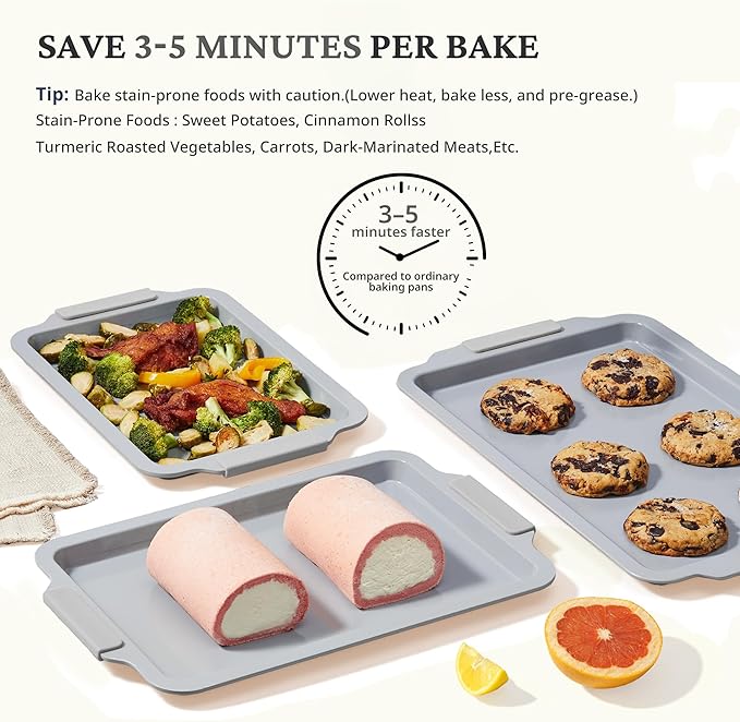 BRONYPRO Non Stick Ceramic Baking Sheet Pan Set of 3, Natural Non Toxic Cookie Sheets for Baking - PFOA, PTFE Free, Aluminized Steel Oven Trays for Cooking with Silicone Handles, Light Gray