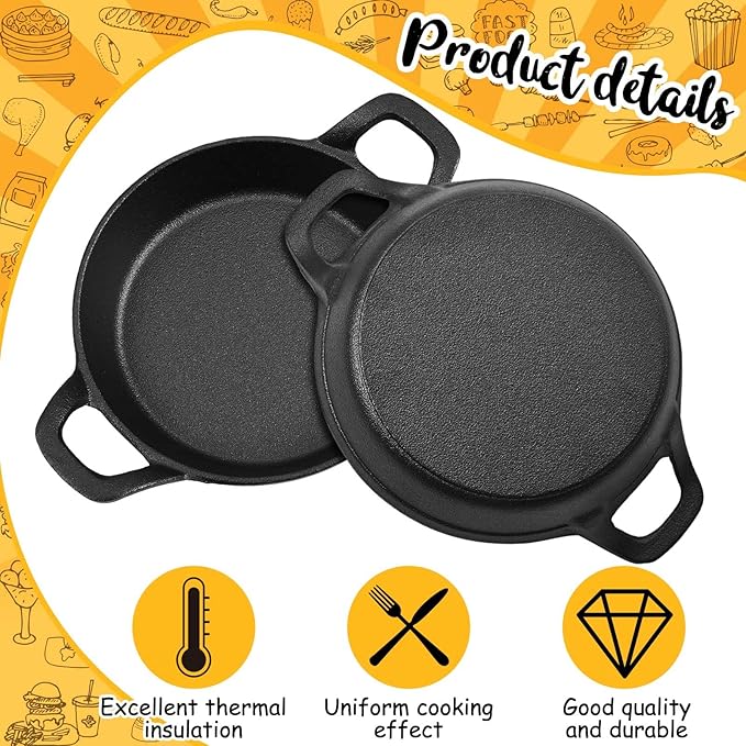 Mini Cast Iron Skillets 6.3 x 6.3 x 1.5 Inch Cast Iron Pan Small Ramekin Set Black Casserole Dish Cookware Oven Safe Mini Skillets for Kitchen Indoor Outdoor Picnic (2 Pack)