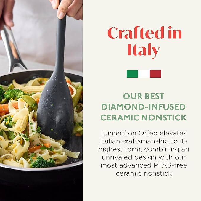 Orfeo 3QT Nonstick Saute Pan with Lid, Made in Italy, Diamond Ceramic PFAS-Free Cookware, Induction Ready, Scratch Resistant, Laser-Fused Surface for Durability, Dishwasher Safe, Black