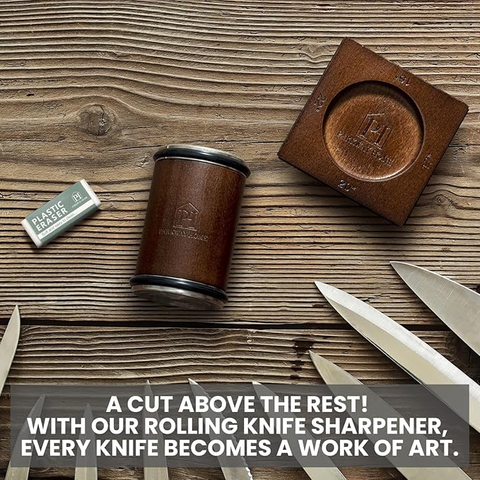 Rolling Knife Sharpener with 15, 17, 20 & 22 Degree Angles - Knife Sharpener Kit - Roller Knife Sharpening System with Stand, Holder & Eraser - Walnut Brown
