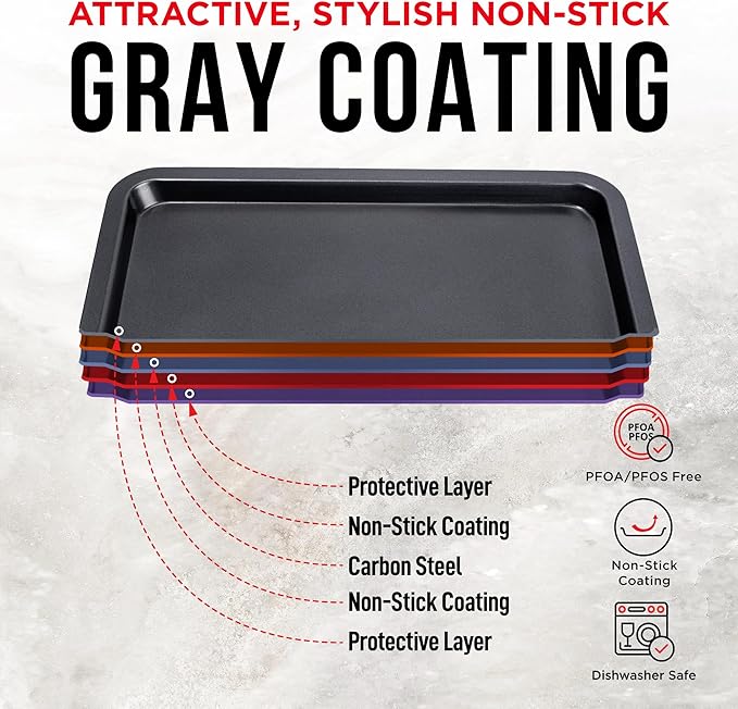 3 Piece Set Nonstick Carbon Steel Oven Bakeware -Professional Quality Kitchen Cooking Baking Trays -PFOA, PFOS, PTFE-Free Small, Medium & Large Baking Sheet Pans