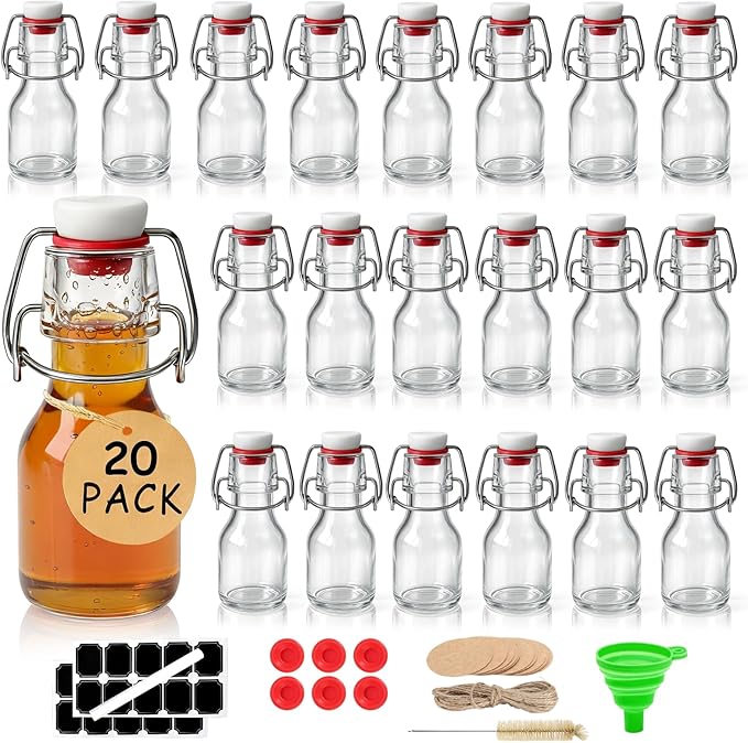 Ruckae 20 Pack 2oz Swing Top Glass Bottles,Flip Top Glass Bottle with Lids Sealable Kombucha Bottle for Brew Beer Syrup Vanilla Extract Air Tight Bottles for Gift (2 oz 20 pack)