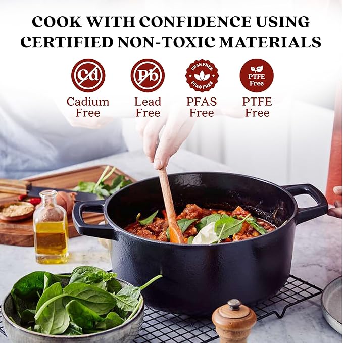 Alva Nori 5-Qt Enameled Cast Iron Round Dutch Oven – Made With No PTFE/PFOA/PFAS, Oven & Induction Safe – 3-Layer Enamel, No Seasoning Needed – Durable, Easy-Clean Cookware for Healthy Cooking, Black