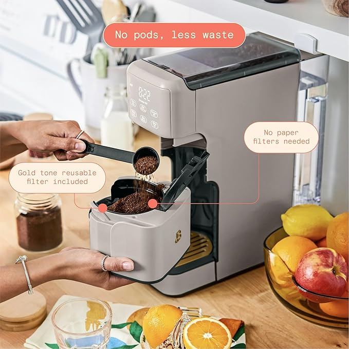 Beautiful Perfect Grind Programmable Single Serve Coffee Maker with Touch Display and Integrated Burr Grinder, Auto Coffee Strength Selection, 64oz Water Reservoir (Porcini Taupe)