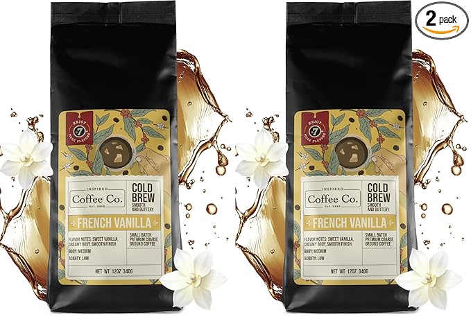 French Vanilla - Flavored Cold Brew Coffee Grounds for Coarse Grind for French Presses - Inspired Coffee Co. Local Coarse Ground Coffee for Cold Brew - Resealable Bag 12 oz (Pack of 2)