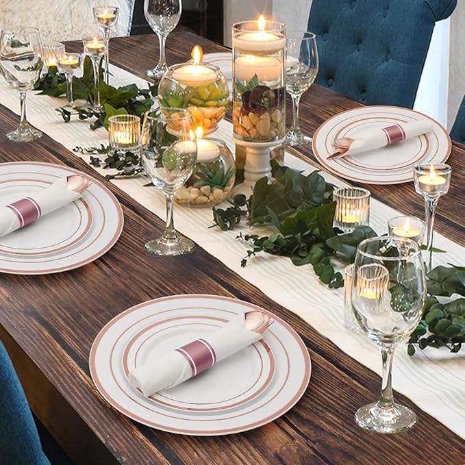 Goodluck 350 Piece Rose Gold Plastic Dinnerware Set for 50 Guests, Fancy Disposable Plates for Party, Include: 50 Dinner Plates, 50 Dessert Plates, 50 Pre Rolled Napkins with Silverware, 50 Cups