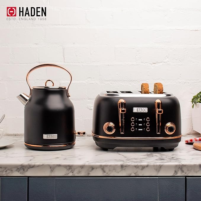 Haden Heritage 4 Slice Wide Slot Stainless Steel Toaster Bundled with 1.7 Liter Stainless Steel Electric Water Kettle, Black & Copper