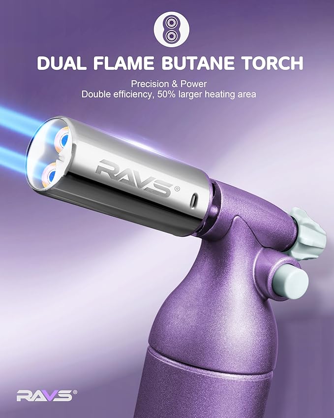 RAVS Dual Flame Butane Torch Lighter with 20G Large Capacity, Adjustable Flame, Refillable Kitchen Torch for Creme Brulee, BBQ, Baking, Purple Cooking Torch Gifts for Women Unique, Butane Not Included