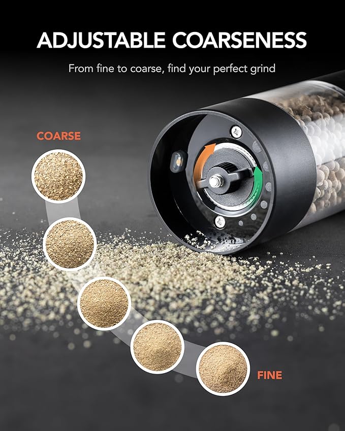 FORLIM Electric Salt and Pepper Grinder Set, USB Rechargeable, Automatic Salt Pepper Mill Grinder with Dust Cover, One-Button Control, Adjustable Coarseness, Warm LED Light (2 Packs, Black&White)