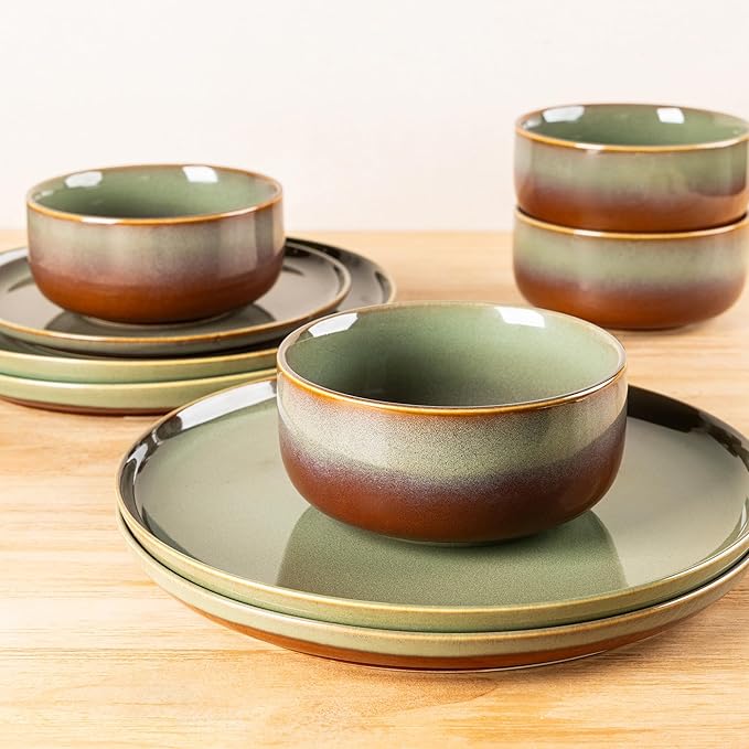 TheTerra Ceramic Dinnerware Sets for 6, 18 Pieces Handmade Reactive Glaze Plates and Bowls Set, Scratch Resistant Dish Set, Oven & Microwave & Dishwasher Safe, Brown Green