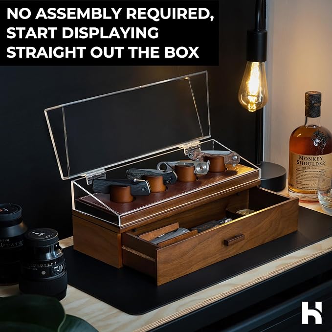 Premium Pocket Knife Display Case for 10 Knives - Wooden Knife Organizer, Storage & Holder with Unique Pillars, Hinged Cover, Drawer - Knife Collection Box - Handcrafted for Men