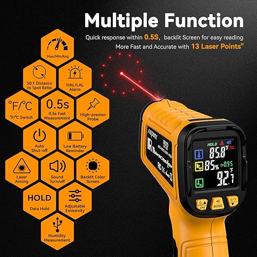 50:1 Infrared Thermometer IR Laser Gun, -58°F to 1796°F, Digital Temperature Gun/K-Type Probe -4°F to 932°F & Humidity Sensor for Cooking, Pizza Oven BBQ HVAC Home-Industrial Use