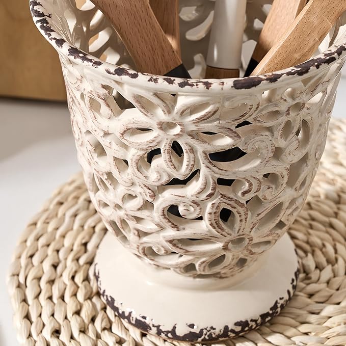 Utensil Holder for Kitchen Counter, Modern Farmhouse Cooking Utensil Holder and Crock Home Kitchen Decor, Ceramic Utensil Organizer for Spatula, Ladle, Eggbeater, Rolling Pin- Beige Antique Design
