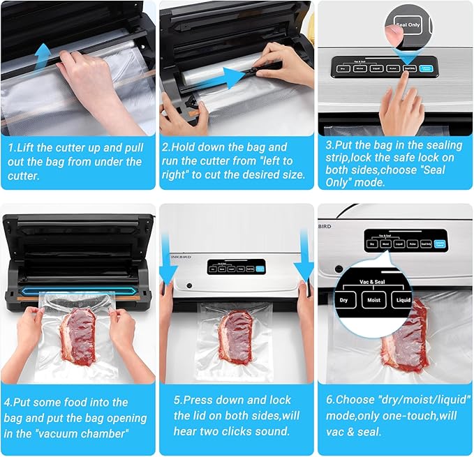 Food Vacuum Sealer Machine 10-In-1 with Bag Storage(Up to 20FT) and Cutter, INKBIRD Food Sealer Vacuum Sealer for Food with Moist/Dry/Canister 5 Food Modes, Starter Kits Bags*5 and Bag Roll*1, 85KPa