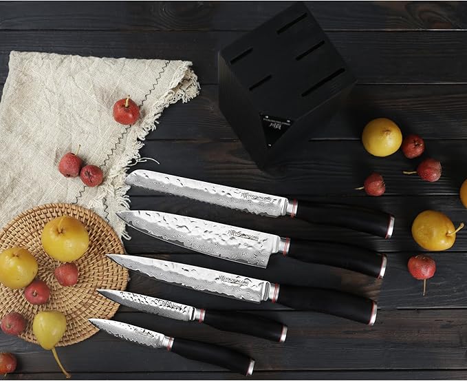 YOUSUNLONG Knife Block Sets - 5pcs Kitchen Knives Set with Natural Fraxinus Americana Holder - Japanese Hammered Damascus Steel Blade - Natural Ebony Handle with Gift Box