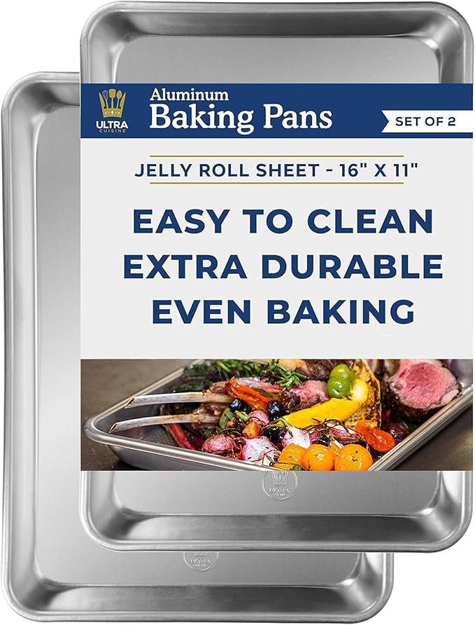 Ultra Cuisine Jelly Roll Baking Sheet Pan Set of 2- Professional Bakeware for Roasting & More - Food-Safe, Warp Resistant, Bake Trays for Oven - Rimmed Cookie Sheets for Baking (Aluminum 16 x11")
