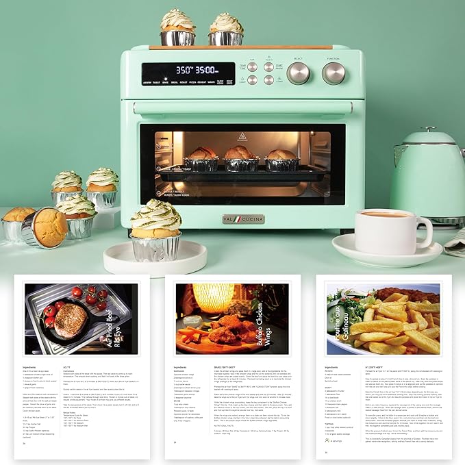 VAL CUCINA Retro Style Infrared Heating Air Fryer Toaster Oven, Extra Large Countertop Convection Oven 10-in-1 Combo, 6-Slice Toast, Enamel Baking Pan Easy Clean with Recipe Book, Green Color