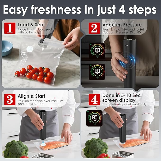 Vacuum Sealer, Portable handheld Vacuum Sealer + 30 Reusable Vacuum Bags, Portable Food Sealer, With LED pressure display, 2-Speed Pressure Control (60/80 Kpa)