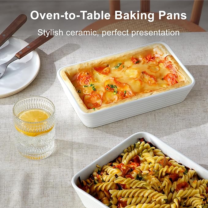 ONEMORE Baking Dishes for Oven, Large Casserole Dishes for Oven with Roasting Racks, Rectangular Ceramic Baking Dish Set of 3 for Cooking & Serving, Handleless Deep Dish Lasagna Pan (3QT/2.1QT/1.3QT)