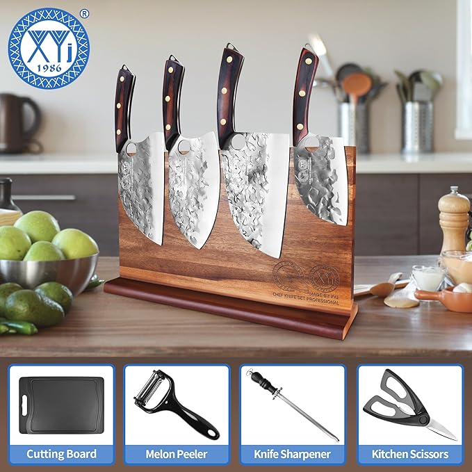 XYJ Authentic Since 1986,Kitchen Knife Block Set,High Carbon Steel Blades,Knives Set with Wooden Magnetic Knife Block,Sharpening Steel,Cutting Board,Cleaver Slicing Knife,Wood Handle