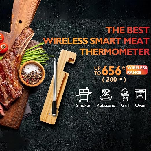 Smart Meat Thermometer 656FT Remote Range Digital Cooking Food Thermometer with Cordless Probe Real-Time Readings from Apps IP68 Waterproof for BBQ, Oven, Grill, Smoker, Air Fryer, Kitchen