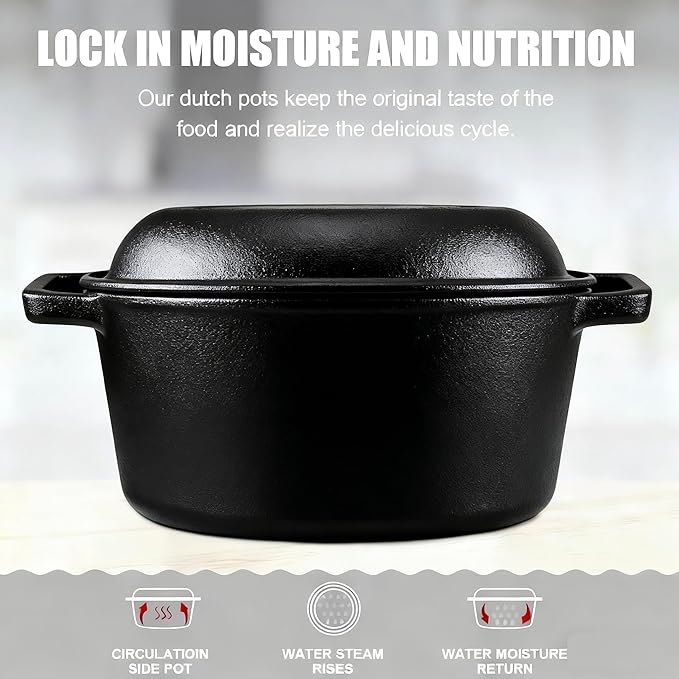 2-in-1 Pre-Seasoned Cast Iron Dutch Oven with Skillet Lid, 10 In Cast Iron Pot & Pan Set for Baking Bread, Frying, Camping, BBQ, Indoor & Outdoor Use