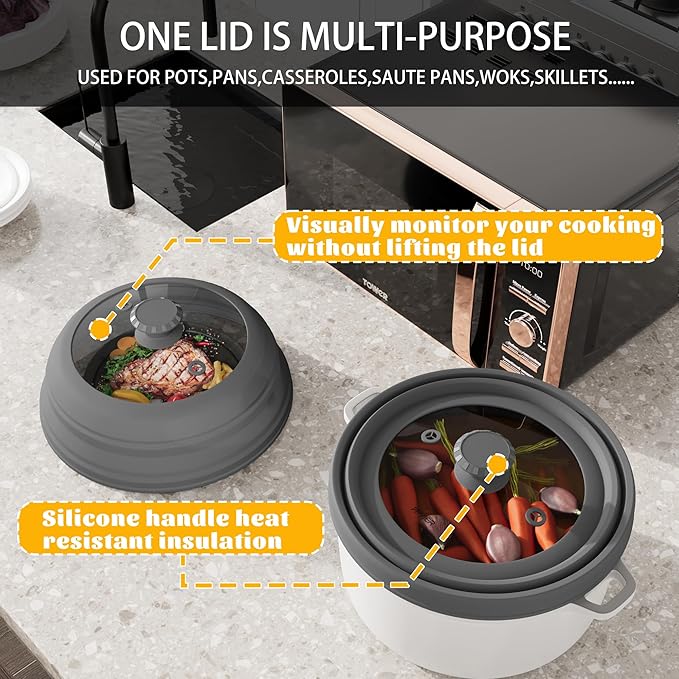 Collapsible Microwave Splatter Cover - Vented Silicone & Glass Lid with Easy-Grip Handle, Fits 6 to 10 Inch Plates & Bowls, 10.8 Inch Diameter, Prevents Splatters & Ensures Even Heating