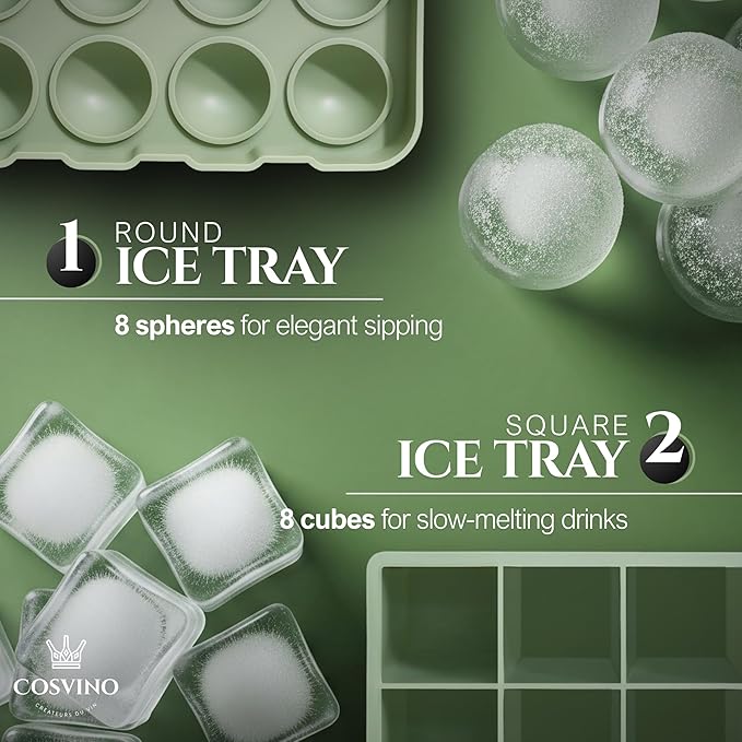 Large Ice Cube Trays Perfect for Whiskey and Summer Drinks - Space Black, Italian Design - 2 Pack (16 x Ice Cubes | Square and Round | XL) - Cosvino - Removable Lid, Easy Release (Olive Green)