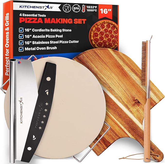 KitchenStar 16-inch Pizza Making Set, 6 PCS - Pizza Stone + Stainless Steel Rack, Acacia Wood Pizza Peel, Pizza Cutter Rocker + Protective Cover, Metal Brush - Oven & Grill Accessories Kit