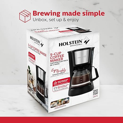 Holstein Housewares 5 Cup Drip Coffee Maker – Compact and User-Friendly with Auto Pause & Serve, Reusable Filter, Measuring Spoon & Glass Carafe, Office & Dorm Use, Black