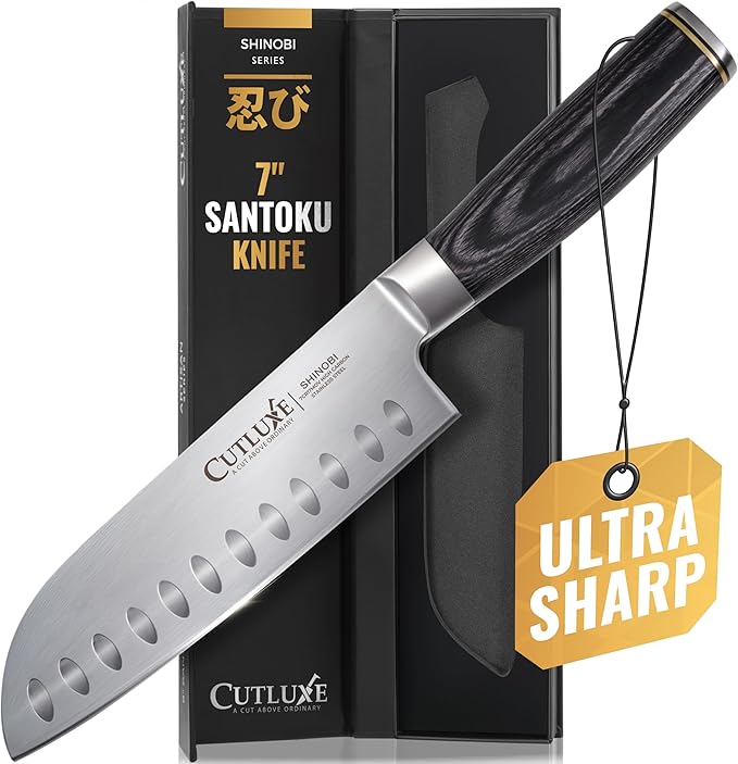 Cutluxe Santoku Knife – Ultra Sharp 7 Inch Vegetable Japanese Knife for Chopping, High Carbon Stainless Steel Blade, Full Tang Pakkawood Handle – Shinobi Series