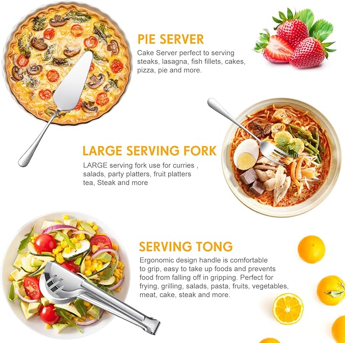 Patelai Serving Utensils Set Include Stainless Steel Large Spoons Slotted Spoons Forks Tongs Soup Ladle and Pie Server for Parties Buffet Catering, Dishwasher Safe(Silver,12 Pieces)