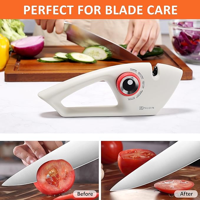PAUDIN Knife Sharpener, Kitchen Knife Sharpener, 5 Stage Knife Sharpeners for Kitchen Knives, Pocket, Serrated Knives & Scissors, Blade Sharpening, Honing & Polishing Tool, White