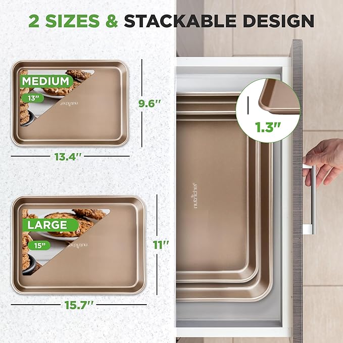 NutriChef Non Toxic Baking Pan, Medium and Large Cookie Sheets, Premium Nonstick Carbon Steel Cookie Pans for Baking - Commercial Grade, Restaurant Quality, Bakeware Set, Easy to Clean - (Set of 2)