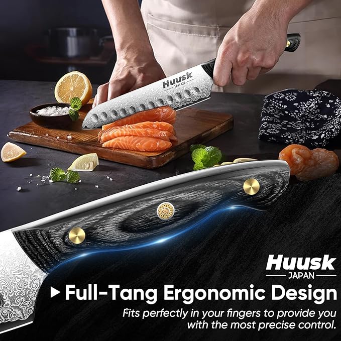 Huusk Damascus Santoku Knife 7 inch, Japanese Knives with Sharp Edge and Wooden Handle Hand Forged Chef Knives for Home Use, Meat Vegetables Fish Knives, Birthday Dad Mom Gift