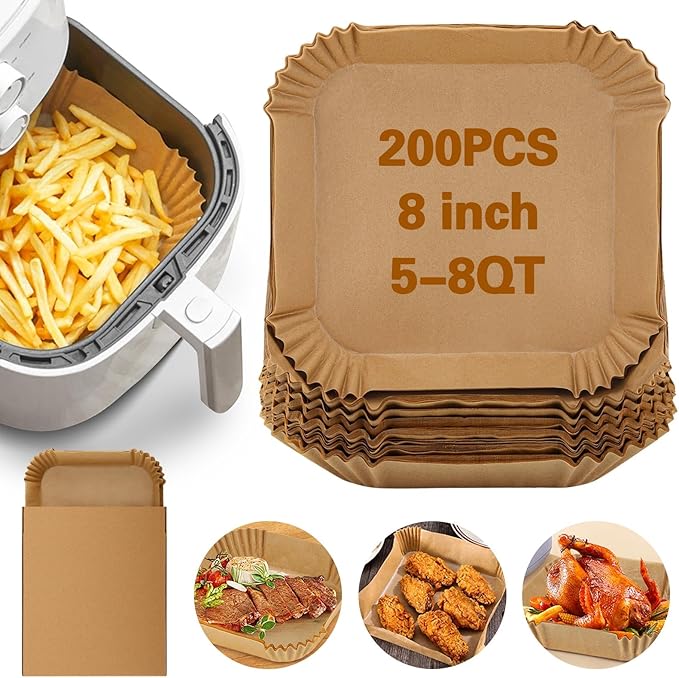 200Pcs Air Fryer Paper Liners, 8 Inch Square Disposable Paper Liner, Non-stick Parchment Paper for Frying Baking Roasting Microwave Oven