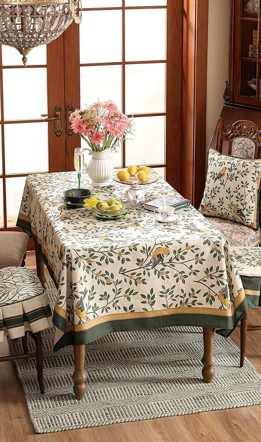 patdrea Designer French Table Cloth for Rectangle Table,Vintage Green Linen Birds and Leaves Pattern Tablecloths,Dacorative Cover Kitchen Dining,Christmas,Thanksgiving,Party,67"x118"-Warbler
