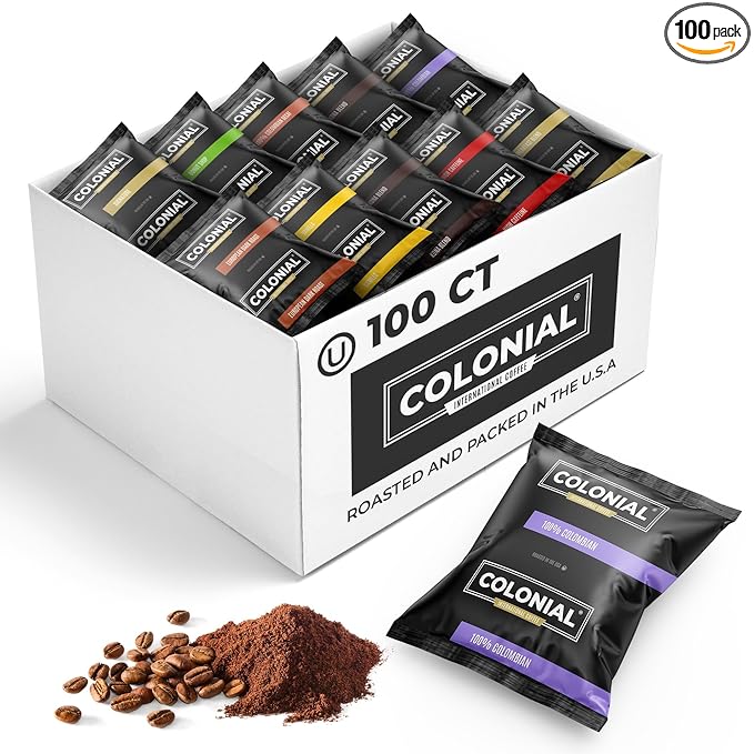 Colonial Coffee 100 Count Single Pot Coffee Packets – Assorted Variety Pack with Medium, Dark, & Decaf Roast Blends | Pre-Measured Frac Packs for 12 Cup Maker | Bulk Ground Gourmet Coffee for Home & Office