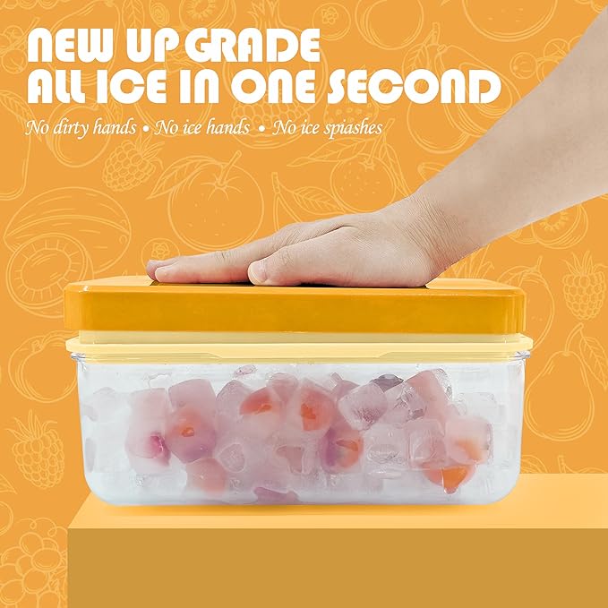Satax Silicone & Plastic Ice Cube Trays with Lids and Bin - Durable, BPA-Free, Easy Release, Perfect for Cocktails, Coffee & More (2, yellow)