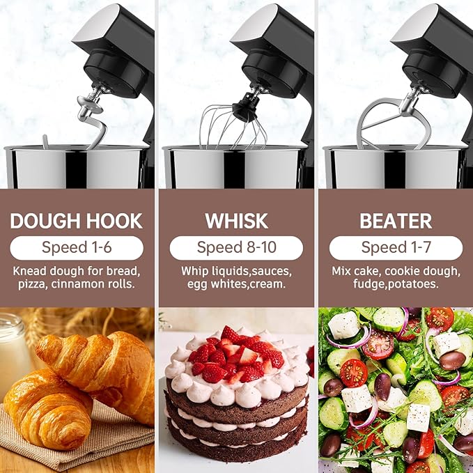 Stand Mixer, 5.5 Quart, 10 Speed Tilt-Head Kitchen Mixer, Copper Motor, Household Food Mixer with Bowl, Flat Beater, Dough Hook, Egg Whisk (300W Black)