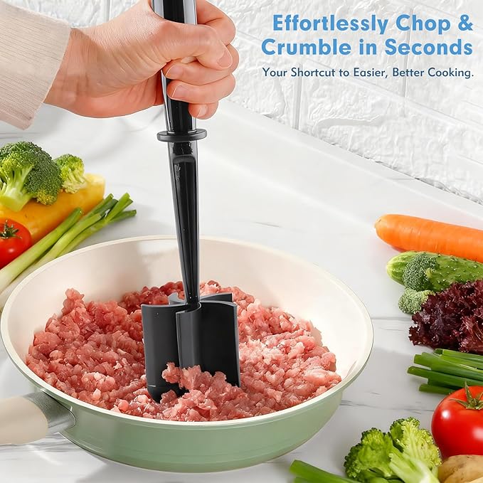 Ground Beef Chopper Tool, 2-Pack Heat-Resistant Meat Chopper for Ground Beef with 5 Curved Blades, Non-Scratch Meat Masher Ground Beef for Hamburger & Potatoes (Black)