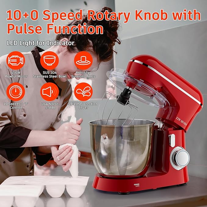Stand Mixer, 5.5 Quart, 10 Speed Tilt-Head Kitchen Mixer, Copper Motor, Household Food Mixer with Bowl, Flat Beater, Dough Hook, Egg Whisk (450W Red)