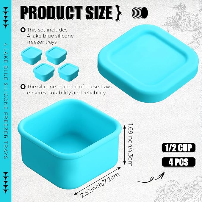 Nuogo 4 Pcs 1/2 Cup Silicone Freezer Trays with Lid Soup Freezer Containers Reusable Silicone Molds Rectangle Freezing Containers Freezing Ice Trays for Soups Sauces Stews Curries, Lake Blue