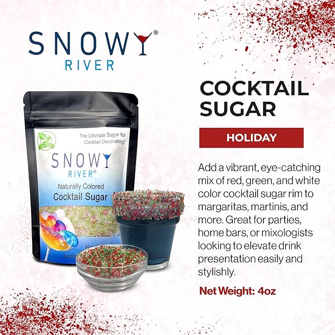 Snowy River Holiday, Cocktail & Margarita Sugar Rimmer - Vibrant Naturally Colored Sugar for Cocktail Rimming, Baking & Decorating, Medium Crystal - 4oz