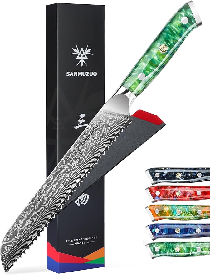 8” Bread Knife Serrated Kitchen Chef Knife - Damascus Steel & Resin Handle - Xuan Series (Jade Green)