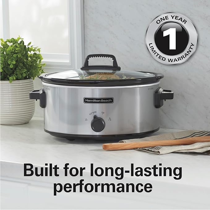 Hamilton Beach 6-Quart Slow Cooker with 3 Cooking Settings, Dishwasher-Safe Stoneware Crock & Glass Lid, Silver (33665G)
