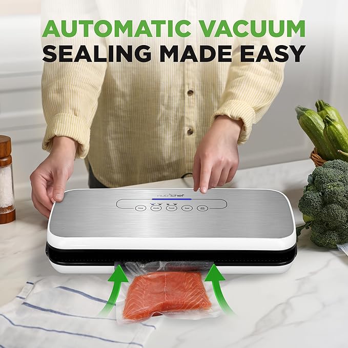 NutriChef Vacuum Sealer Machine – Compact Silver Vacuum Sealing System with Dry & Moist Modes, LED Indicators, Starter Kit & Extra Bags – Ideal for Food Preservation, Meal Prep & Sous Vide Cooking