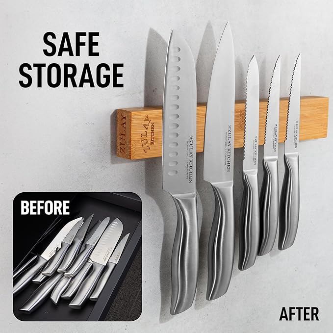 Zulay 11.75" Seamless Bamboo Wood Magnetic Knife Holder - Wooden Magnetic Knife Strip for Organizing your Kitchen - Elegant & Multifunctional Magnet Holder for Wall with Easy Installation